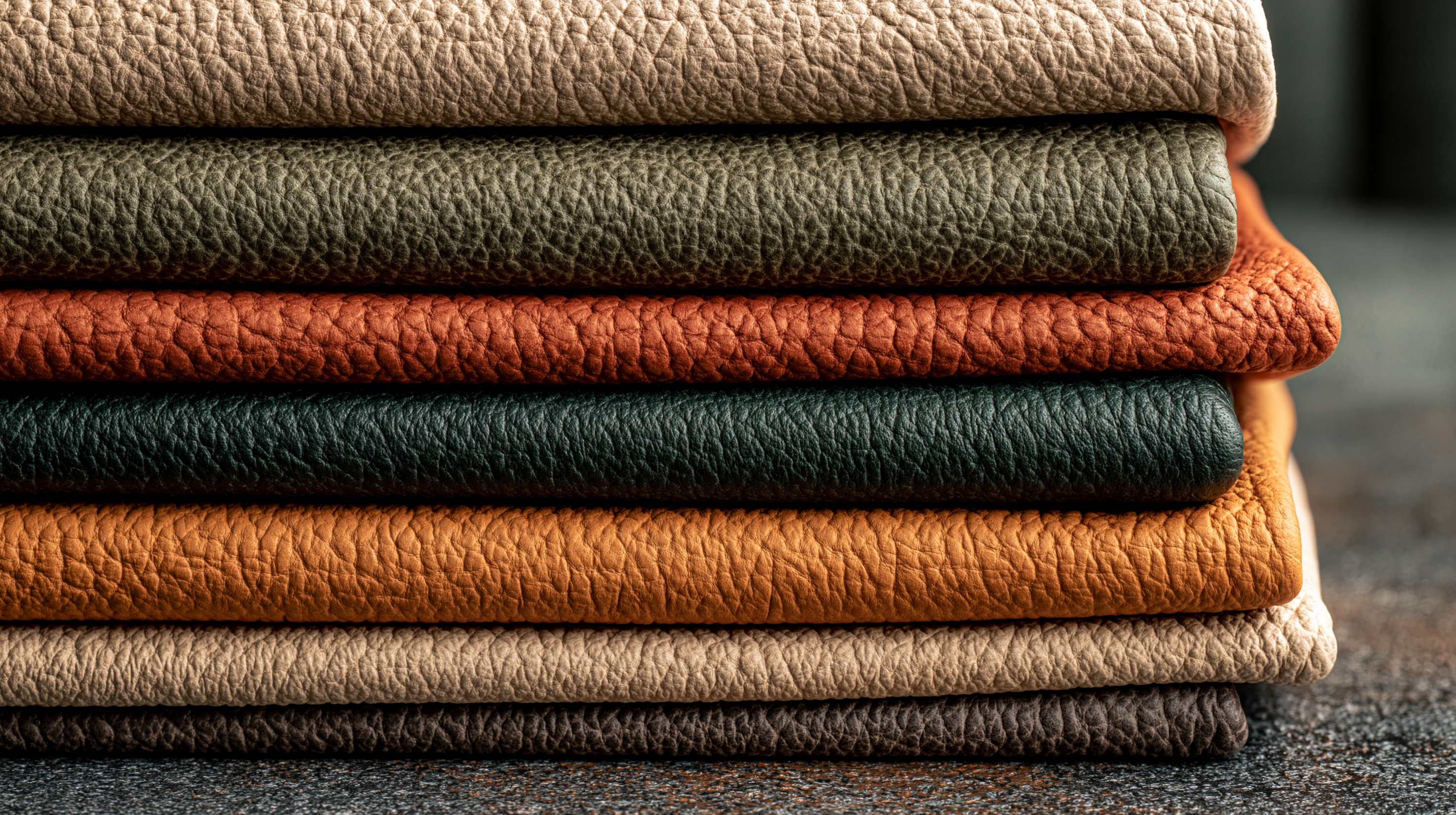 Stack of finished leathers in earthy tones